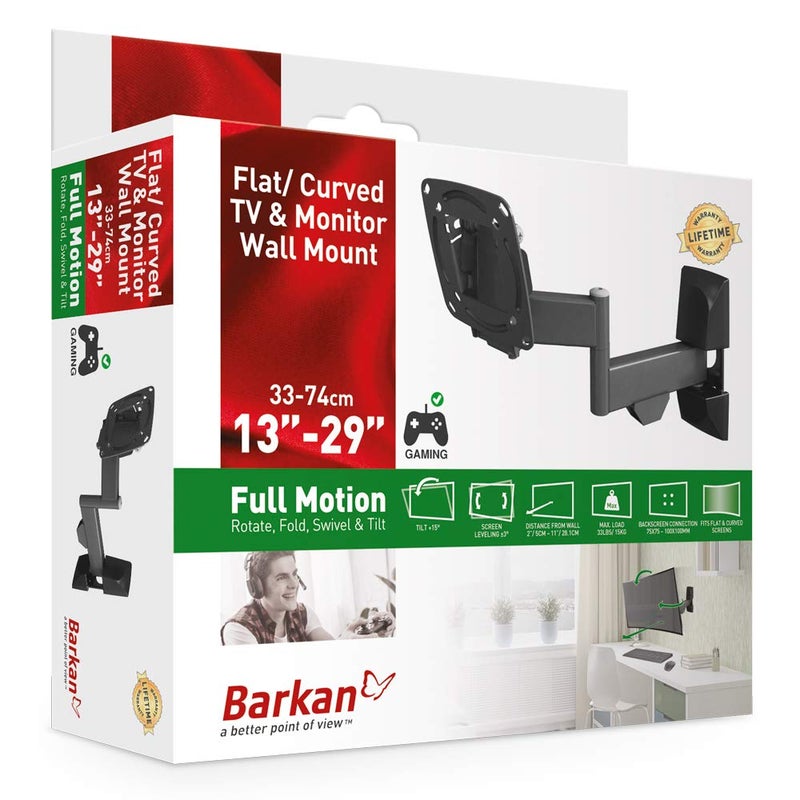 Barkan TV and Monitor Wall Mount, 13 - 29 inch Full Motion Articulating - 4 Movement Flat / Curved Screen Bracket, Holds up to 33 lbs, Lifetime Limited Warranty, UL Listed, Fits LED OLED LCD, Black (E140) - Image 5